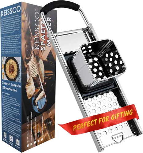 Spaetzle Maker de acero inoxidable de grado premium con mango de agarre cómodo, fabricante tradicional de fideos de huevo alemán con caja de regalo