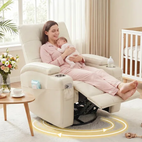 AIRSKY Silla reclinable de cuero, silla reclinable giratoria para guardería, mecedora con cojín grueso, silla mecedora de gran tamaño con respaldo