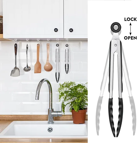 Miniatura 9 de HOTEC Pinzas de cocina de acero inoxidable de alta calidad con puntas de silicona, juego de pinzas de cocina resistentes al calor, juego de 3-7, 9
