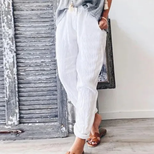 Miniatura 3 de Pantalones de lino para mujer, de verano, casuales, de tiro alto, cónicos, de algodón, cintura elástica, con bolsillos