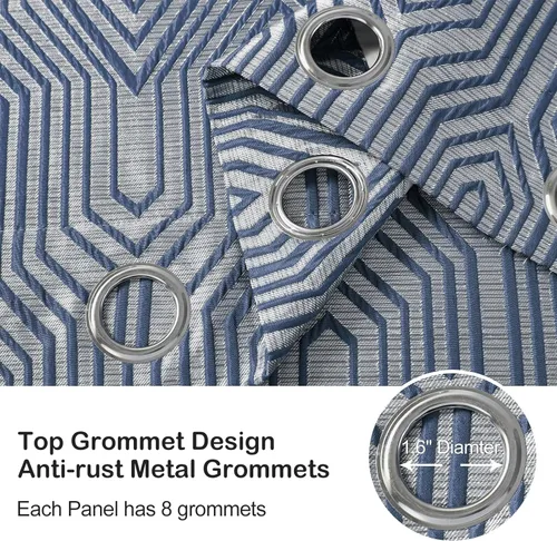 Miniatura 6 de Cortinas de patrón geométrico jacquard 100% opacas color azul índigo y plateado, 2 paneles de 52 pulgadas de ancho y 84 pulgadas de largo