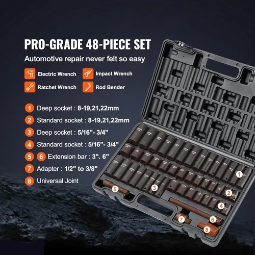 Miniatura 3 de VEVOR Juego de llaves de impacto de 3/8" de transmisión, 48 piezas estándar SAE (5/16 a 3/4 pulgadas) y métrica (8 a 22 mm) de tamaño, profundo