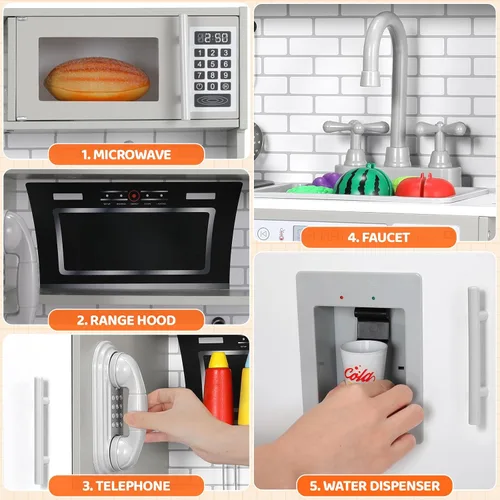 Miniatura 4 de Arlopu Juego de cocina para niños, juego de juguetes de madera con diseño realista, sonidos de luces, ollas y utensilios para niños y niñas a partir