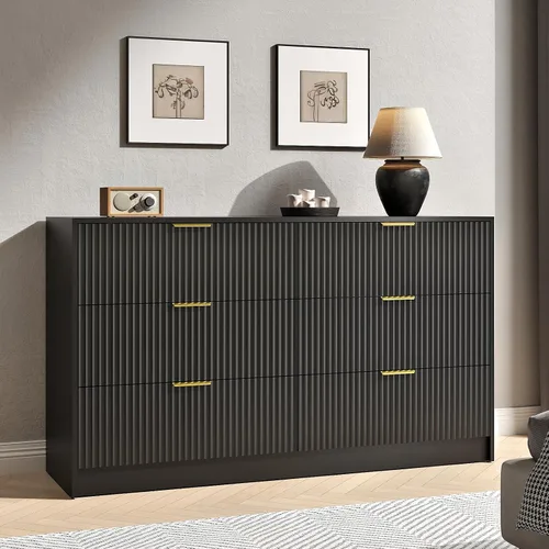 Miniatura 10 de Cómoda negra con 7 cajones, cómoda acanalada de 55 pulgadas de ancho para dormitorio con mango de metal, cómoda, soporte de TV de madera para Negro