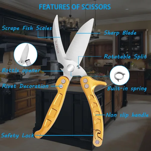 Miniatura 5 de Tijeras de cocina resistentes para aves de corral para cortar carne, aptas para lavavajillas e inoxidables, tijeras de cocina para pollo, pavo, Oro