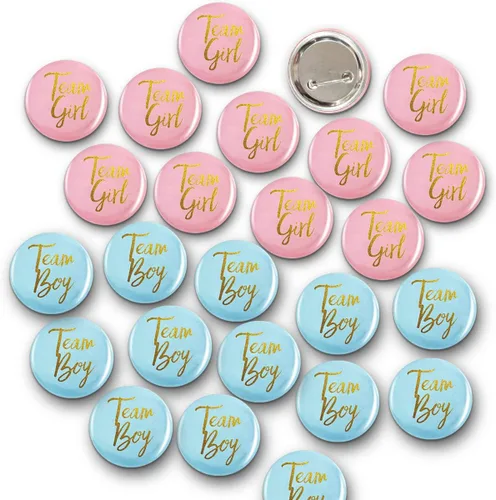 50 pines de botón de revelación de género, pines de botón de equipo niño niña, pin de botón rosa y azul para fiesta de baby shower, suministros de
