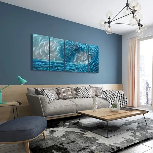 Miniatura 6 de BATRENDY ARTS Arte de pared de metal con ondas azules, escultura colgante en 3D, pintura de aluminio pulido a mano para sala de estar, dormitorio