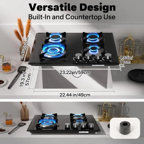 Miniatura 5 de Alemania Placa de cocina de gas de 4 quemadores de 24 pulgadas, estufa de propano integrada con conversión de NG/LPG, placa de vidrio negro