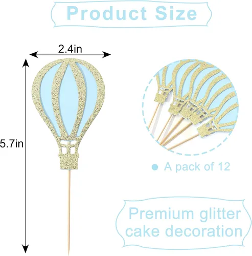 Miniatura 2 de 12 decoraciones para cupcakes de globo aerostático – Decoración para cupcakes con purpurina, decoración de baby shower, suministros de fiesta