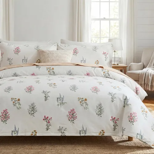 Miniatura 24 de Juego de edredón floral verde, tamaño King, edredón 100% algodón, 3 piezas, suave, ligero, reversible, retro, floral, para todas las estaciones