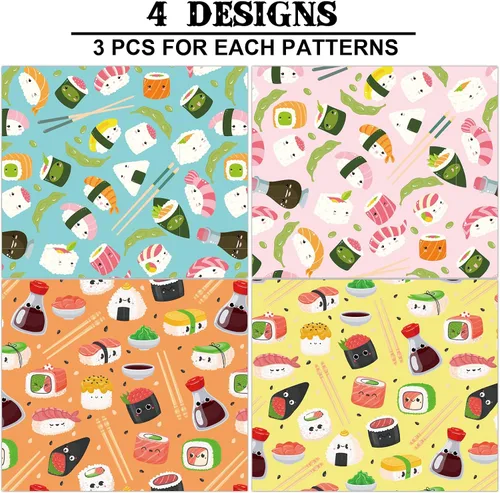 Miniatura 3 de Whaline 12 hojas de papel de regalo de caras de sushi a granel de 19.7 x 27.6 pulgadas, lindo sushi a la moda, divertido papel de arte plegado plano