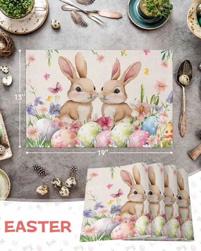 Miniatura 7 de Juego de 4 manteles individuales con diseño floral de conejo de Pascua, manteles individuales lavables para cocina, mesa de comedor, manteles