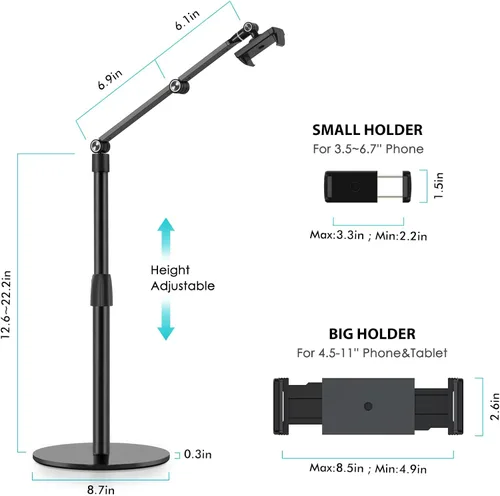 Miniatura 4 de Viozon Soporte superior para teléfono tableta, altura y ángulo de 360 grados ajustable, soporte de escritorio de aluminio, compatible con teléfono