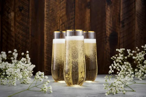 Miniatura 4 de Munfix Paquete de 48 copas de champán de plástico sin tallo, desechables, 9 onzas, borde dorado, vasos de plástico transparente para tostar