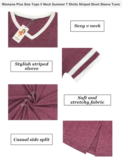 Miniatura 3 de VISLILY Womens Plus-Size Tops V Neck Summer T Shirts Striped Short Sleeve Tunic Tee