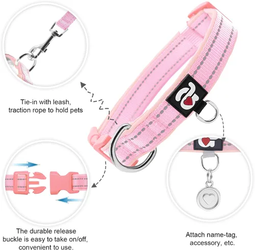 Miniatura 2 de azuza Collar reflectante para perro, de neopreno suave acolchado con anillo para etiqueta de identificación, ajustable para cachorros y perros Rosa