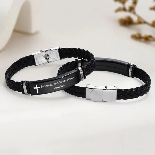 Miniatura 3 de Pulsera de cuero para hombre, regalo de sobriedad para hombre: cita inspiradora/versículo bíblico grabado, pulsera trenzada negra para hombre