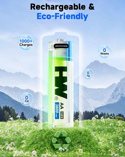 Miniatura 6 de HW Baterías recargables de litio AA, [1.5 V, paquete de 4 unidades], batería USB C de alta capacidad de 3600 mWh, carga rápida, 1000 ciclos