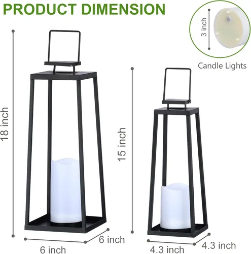 Miniatura 3 de Juego de 2 faroles solares decorativos para exteriores (18 y 15 pulgadas) modernos faroles de metal negro con velas solares, faroles decorativos