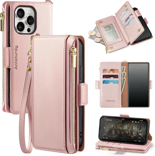 Miniatura 13 de Antsturdy Compatible con iPhone 15 Pro Max Funda Cartera para Mujeres【Bloqueo RFID】Funda de Teléfono Cruzada de Cuero PU con Cremallera y Correa