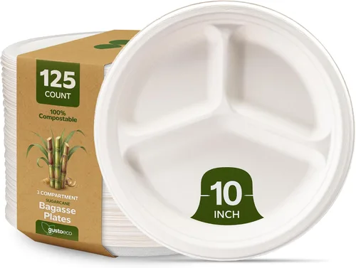 GUSTO Platos de papel de caña de azúcar 100% compostables, resistentes, ecológicos, biodegradables, blancos, 10 pulgadas, 3 compartimentos, 125