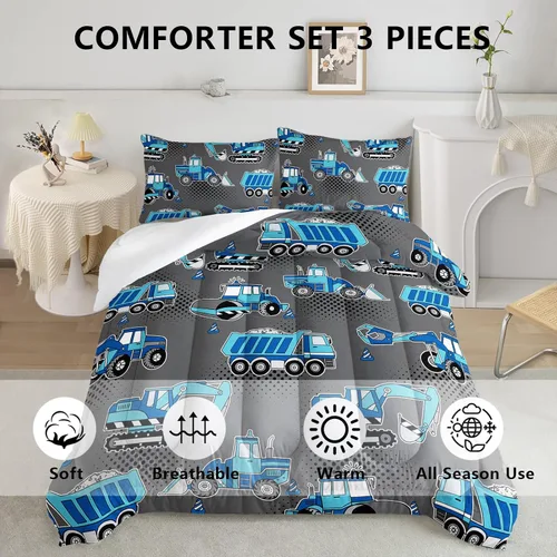 Miniatura 4 de Juego de ropa de cama de coche de dibujos animados para niños, edredón de vehículos de construcción para niños, juego de camión de maquinaria con 1