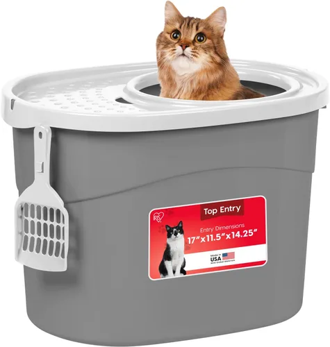 Miniatura 12 de Caja de arena para gatos IRIS USA, entrada grande en la parte superior con tapa para atrapar arena y cuchara, a prueba de perros, caja de arena