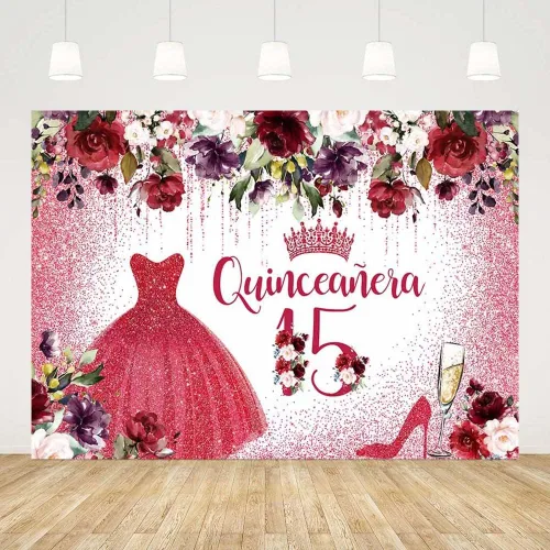 Telón de fondo de feliz cumpleaños número 15 para niña, quinceañera, flores rojas burdeos, fondo de fotografía, corona roja, decoración de fiesta de