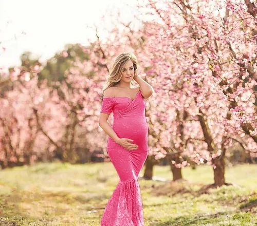 Miniatura 4 de ZIUMUDY Vestido de maternidad de manga corta con cuello en V y encaje para mujer