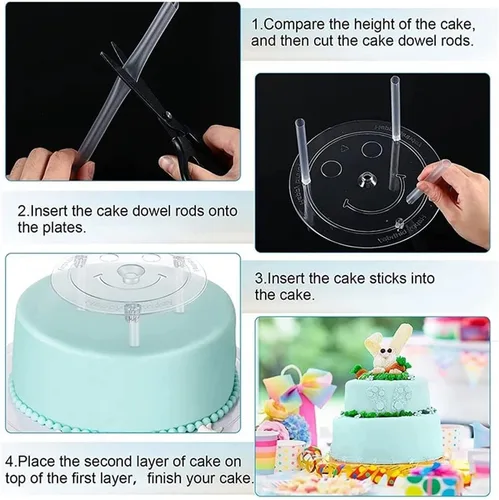 Miniatura 2 de Smiley - Juego de varillas de plástico para tartas, 12 varillas de plástico blanco para pasteles, 12 piezas apilables transparentes y 4 platos
