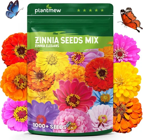 1000+ semillas de zinnia para plantar en 2026, 0.35 oz, 5 variedades (rosa, amarilla, naranja, blanca, morada), 10G colores mixtos y flores grandes,