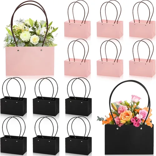 Miniatura 3 de DEAYOU Paquete de 12 bolsas de regalo de flores de papel kraft, caja de ramo con asa, pequeñas bolsas de papel con forro impermeable para arreglos