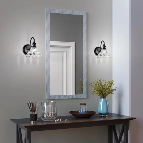 Miniatura 5 de Moderno aplique de pared negro mini lámpara de pared hecha de cuerpo de metal y vidrio estampado prensado retro luz de tocador para dormitorio