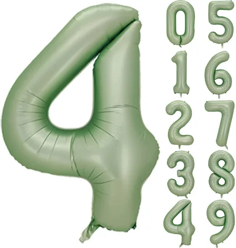 Miniatura 6 de Globos de números verde salvia para decoración de fiesta de cumpleaños de 40 pulgadas, globo grande del número 0