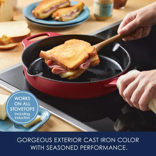 Miniatura 3 de Rachael Ray NITRO - Sartén de hierro fundido con mango auxiliar y boquillas de vertido, 10 pulgadas, color rojo
