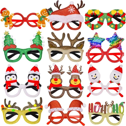 Thuodo 12 lentes de Navidad con purpurina para fiestas, marcos de gafas de disfraz para fiestas de Navidad, vacaciones, cabina de fotos, gafas