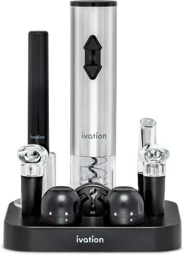 Ivation Juego de vino de 9 piezas | Abridor eléctrico, bomba de aire, vertedor con aireador, tapones de vino y champán, cortador de lámina y soporte.