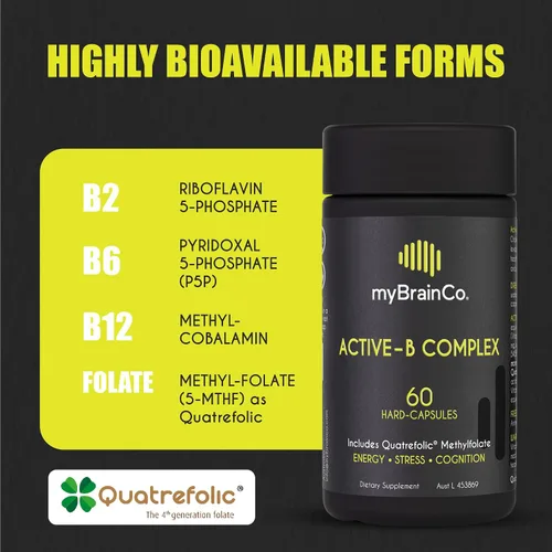 Miniatura 2 de myBrainCo. Complejo Active-B – Suplemento de vitamina B activada de alta resistencia con folato B2, B6, B12 y metilo – Apoya la energía, la función