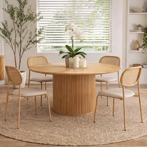 Miniatura 4 de COSVALVE Juego de 4 sillas de comedor boho con respaldo de ratán, asientos tapizados de caña y patas de metal, perfectas para cena, sala de estar