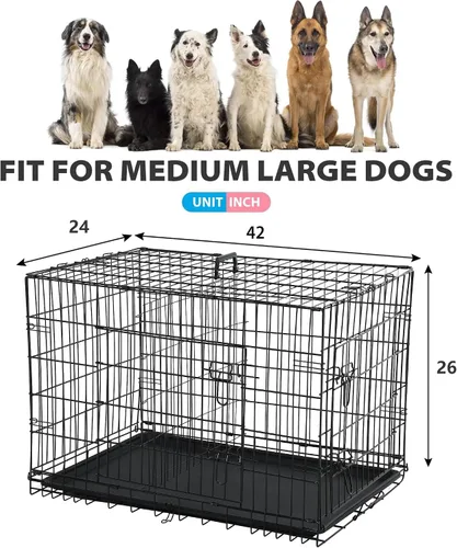 Miniatura 7 de BestPet Jaula para perros de 42 pulgadas Negro Perrera de metal plegable con puertas individuales, pestillos seguros de perno deslizante, 2-Negro