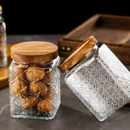 Miniatura 6 de Juego de 2 tarros de almacenamiento herméticos de vidrio vintage, con tapa de madera hermética, recipientes de almacenamiento de alimentos
