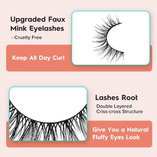 Miniatura 8 de Pestañas postizas naturales de ojo de gato, pestañas falsas Wispy de 14 mm, aspecto natural, banda delgada de 0.1 mm, pestañas postizas de tira 3D