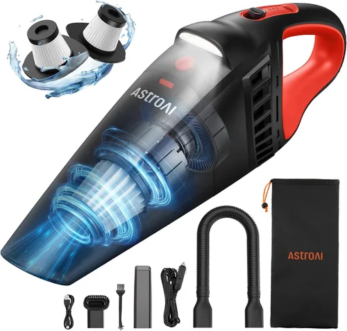 AstroAI Aspiradora de Mano para Coche Inalámbrica con Accesorios, Aspiradora Portátil con Potencia de 12V DC, Luz LED, Cepillo, Tubo de Succión