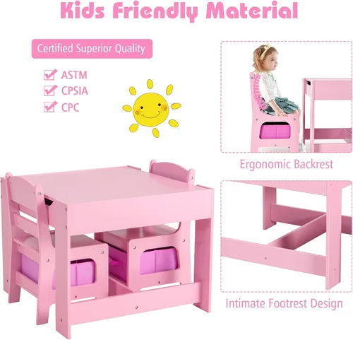 Miniatura 4 de KOTEK Juego de mesa y 2 sillas de madera para niños con pizarra y cajones de almacenamiento, mesa de actividades múltiples para niños para aprender