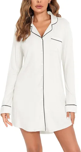 Miniatura 67 de Samring Camisón de pijama para mujer, manga corta/larga, con botones, camisón para dormir, camisón para novio, talla XXL