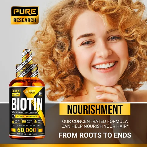 Miniatura 5 de PURE RESEARCH Biotina y Colágeno 60,000mcg Gotas Líquidas para el Crecimiento del Cabello, Apoya: Uñas Fuertes, Piel Radiante, Crecimiento Saludable