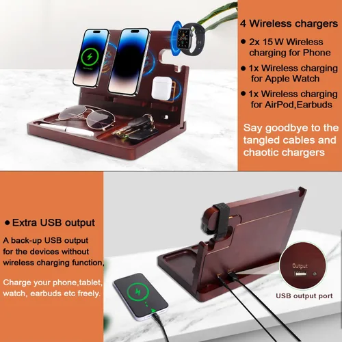 Miniatura 7 de Base de carga para teléfono de madera Xunhomon, estación de carga inalámbrica de 27W de carga rápida para 2 teléfonos para iOS/Android/iWatch/Air