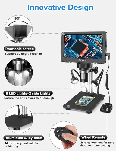 Miniatura 5 de Microscopio Digital Dcorn de 7'' 1200X, Microscopio de 12MP 1080P Foto/Video para Adultos, Soldadura de Monedas, Soporte de Metal, Control Remoto