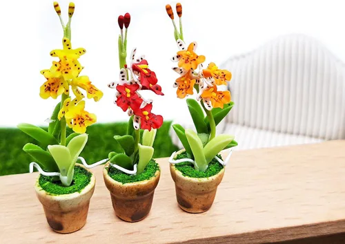 Miniatura 6 de WitnyStore Juego de 3 piezas pequeñas de 2 pulgadas de alto, orquídea amarilla, roja y naranja - Flores artificiales hechas a mano, coloridas