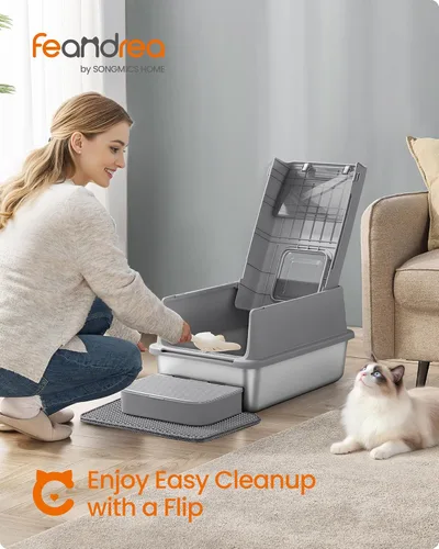 Miniatura 2 de Feandrea Caja de arena para gatos de acero inoxidable con tapa abatible, alfombrilla y caja, 2 puertas, cuchara, para gatos de hasta 33 libras, gris